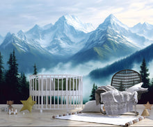 Load image into Gallery viewer, Mountain Nursery Wall Art Mural – Misty Forest Crib Backdrop – Gender Neutral Baby Room Decor – Scenic Wallpaper for Kids Room Vn096