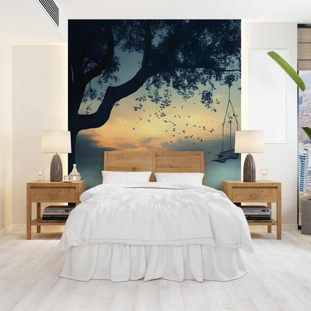 Tree Swing Sunset Wall Mural – Serene Forest Bedroom Wallpaper, Nature Landscape Art for Modern Home Decor Vn097