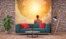Load image into Gallery viewer, Spiritual Wall Mural for Bedroom – Enlightenment Inspired Art with Man Facing Radiant Light – Dreamy Golden Meditation Decor Vn098