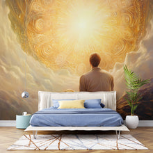 Load image into Gallery viewer, Spiritual Wall Mural for Bedroom – Enlightenment Inspired Art with Man Facing Radiant Light – Dreamy Golden Meditation Decor Vn098