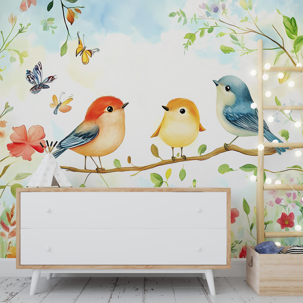 Whimsical Birds Nursery Wall Art - Floral Baby Room Decor - Watercolor Animal Mural for Kids Room - Nature-Inspired Crib Backdrop Vn099