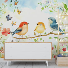 Load image into Gallery viewer, Whimsical Birds Nursery Wall Art - Floral Baby Room Decor - Watercolor Animal Mural for Kids Room - Nature-Inspired Crib Backdrop Vn099
