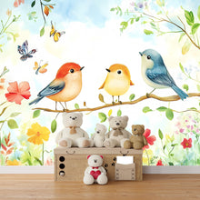 Load image into Gallery viewer, Whimsical Birds Nursery Wall Art - Floral Baby Room Decor - Watercolor Animal Mural for Kids Room - Nature-Inspired Crib Backdrop Vn099