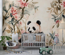 Load image into Gallery viewer, Panda Wall Mural for Nursery – Floral Jungle Panda Wallpaper – Baby Girl Room Decor – Removable Animal Mural Vn108