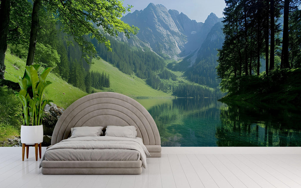 3D Nature Mountain Lake Wallpaper Mural For Bedroom Or Living Room | Scenic Forest And Water Wall Art | Stylish Landscape Decor Gift