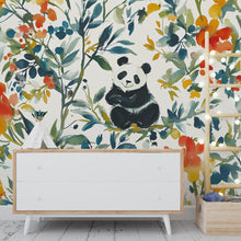 Load image into Gallery viewer, Panda Wall Mural Watercolor Nursery | Jungle Animal Wallpaper | Kids Room Botanical Panda Decor | Removable Peel Stick Wallpaper Vn109