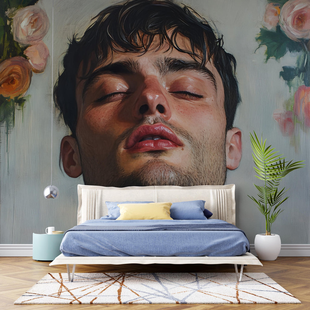 Large Modern Portrait Wall Art | Floral Male Face Mural Print | Bold Contemporary Art for Living Room, Bedroom, or Studio Vn138