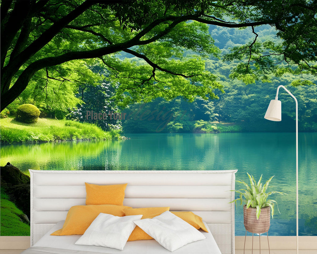 3D Forest Lake Wallpaper Mural For Bedroom Or Living Room | Tranquil Nature Wall Art With Tree Reflection | Stylish Landscape Decor Gift