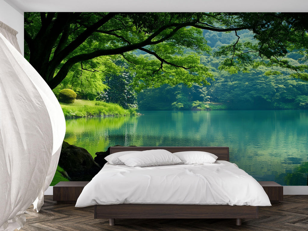 3D Forest Lake Wallpaper Mural For Bedroom Or Living Room | Tranquil Nature Wall Art With Tree Reflection | Stylish Landscape Decor Gift