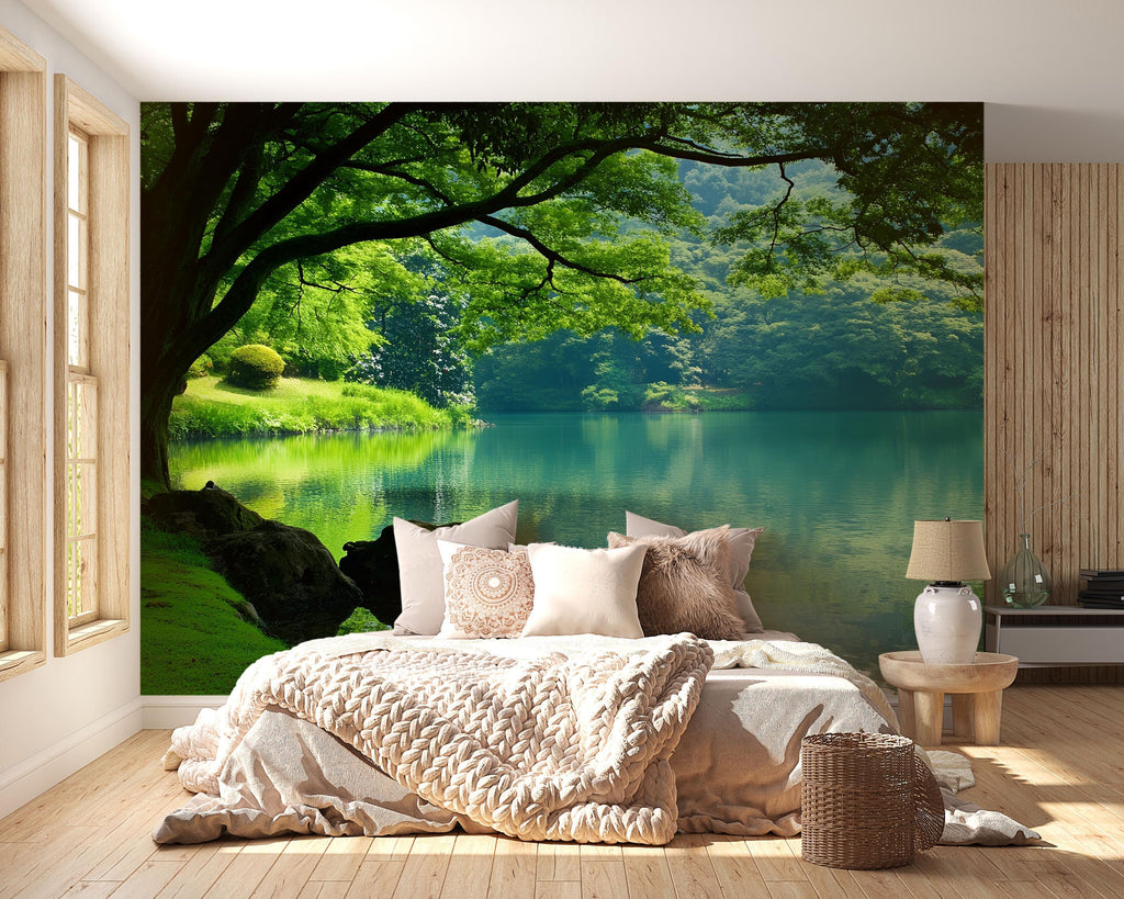 3D Forest Lake Wallpaper Mural For Bedroom Or Living Room | Tranquil Nature Wall Art With Tree Reflection | Stylish Landscape Decor Gift