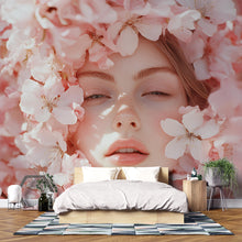 Load image into Gallery viewer, Floral Face Art Print | Pink Blossom Portrait Wall Mural | Feminine Spring Decor for Living Room | Boho Botanical Photo Poster Vn170