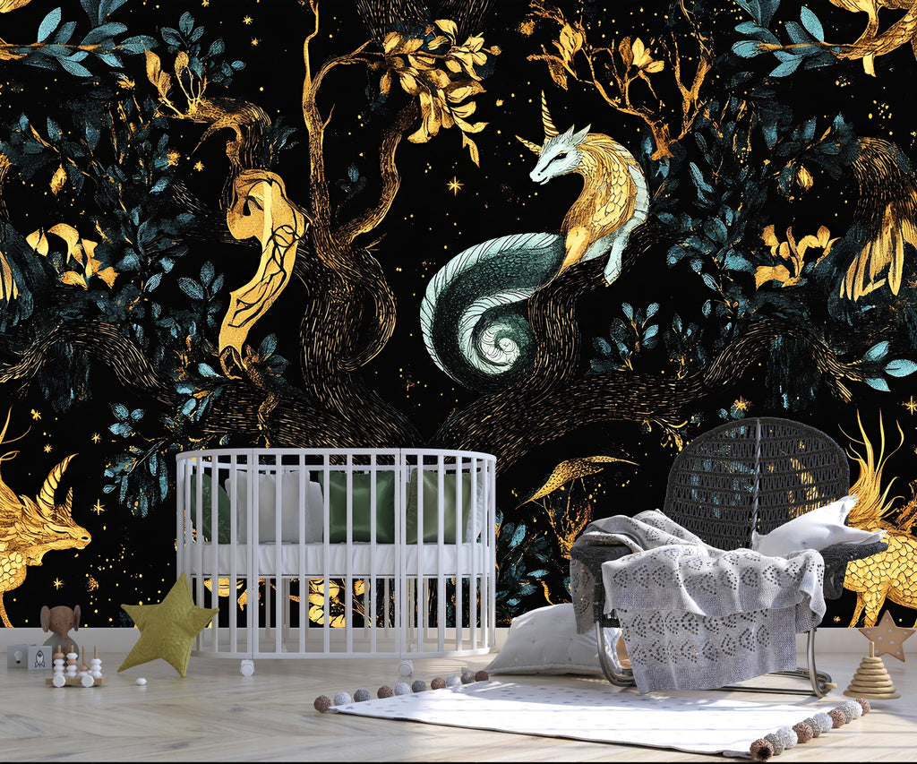 Magical Forest Wallpaper Mural for Nursery – Unicorn, Dragon & Fairy Tale Creatures – Dark Fantasy Kids Room Wall Art Vn178