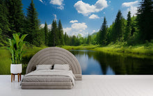 Load image into Gallery viewer, 3D Forest Lake Wallpaper Mural For Bedroom Or Living Room | Scenic Nature Wall Art With Blue Sky Reflection | Stylish Landscape Decor