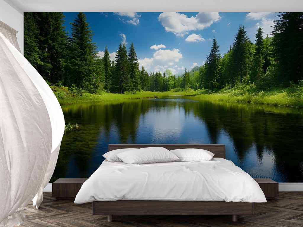 3D Forest Lake Wallpaper Mural For Bedroom Or Living Room | Scenic Nature Wall Art With Blue Sky Reflection | Stylish Landscape Decor