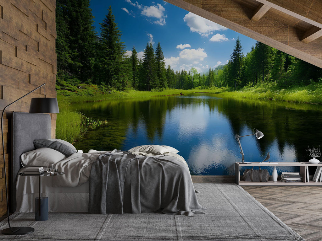3D Forest Lake Wallpaper Mural For Bedroom Or Living Room | Scenic Nature Wall Art With Blue Sky Reflection | Stylish Landscape Decor