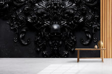 Load image into Gallery viewer, Gothic Baroque Skull Wall Art | Dark Maximalist Interior Decor | 3D Black Skull Floral Wallpaper Mural Vn189
