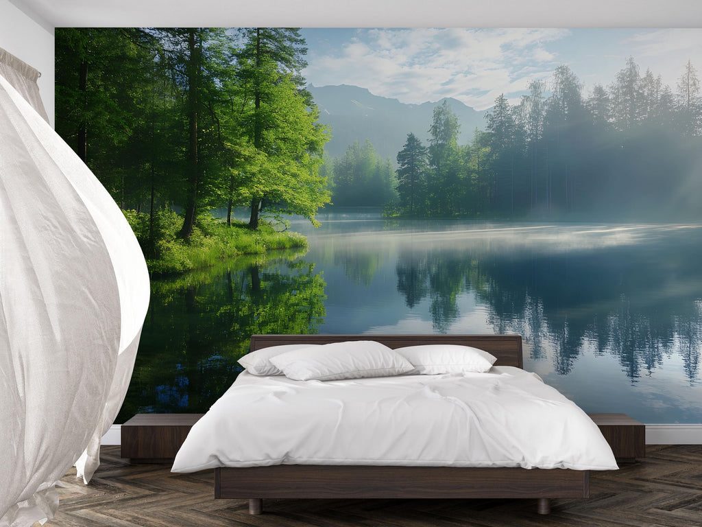 3D Misty Forest Lake Wallpaper Mural For Bedroom Or Living Room | Serene Morning Nature Scene Wall Art | Stylish Landscape Decor Gift