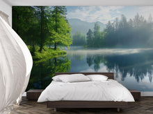 Load image into Gallery viewer, 3D Misty Forest Lake Wallpaper Mural For Bedroom Or Living Room | Serene Morning Nature Scene Wall Art | Stylish Landscape Decor Gift