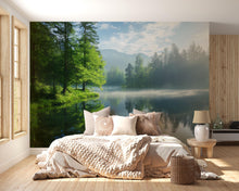 Load image into Gallery viewer, 3D Misty Forest Lake Wallpaper Mural For Bedroom Or Living Room | Serene Morning Nature Scene Wall Art | Stylish Landscape Decor Gift