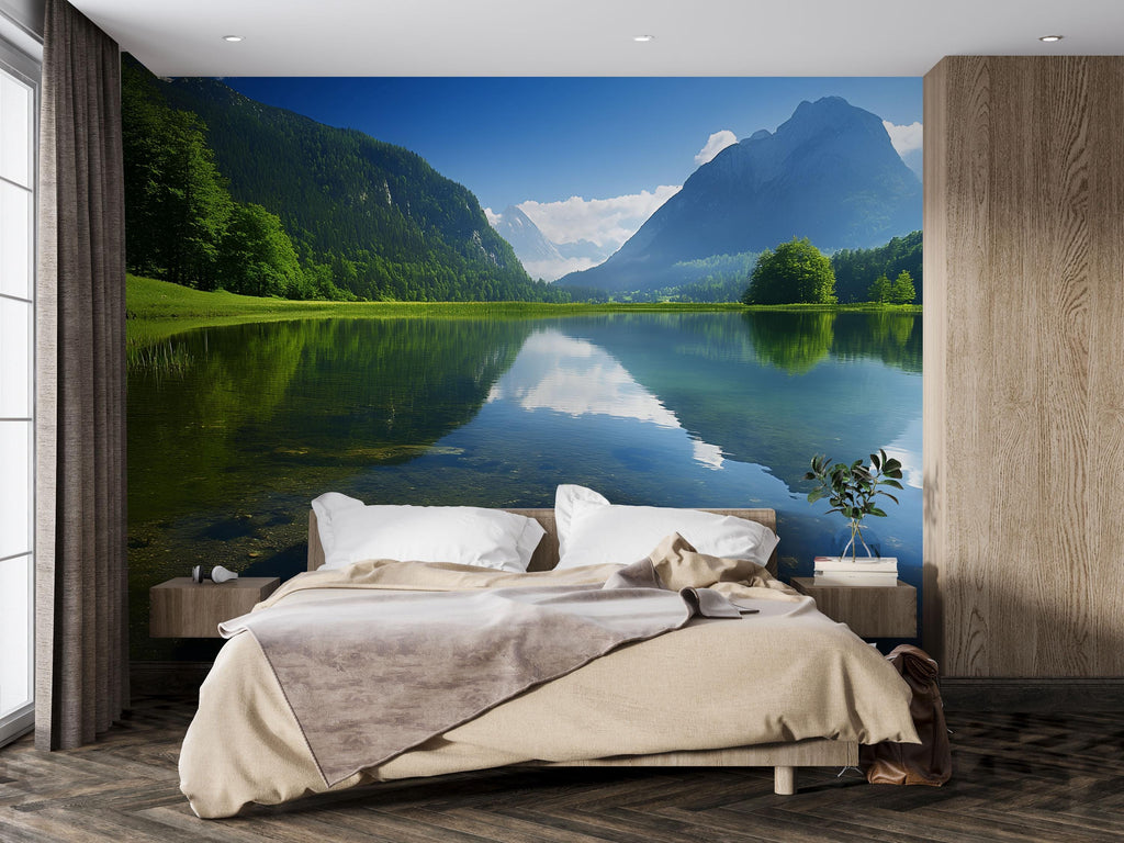 3D Mountain Lake Reflection Wallpaper Mural For Bedroom Or Living Room | Scenic Nature Wall Art With Blue Sky | Stylish Landscape Gift