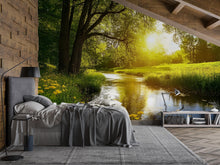 Load image into Gallery viewer, 3D Sunlit River Wallpaper Mural For Bedroom Or Living Room | Golden Hour Nature Wall Art With Flowers | Stylish Landscape Decor Gift