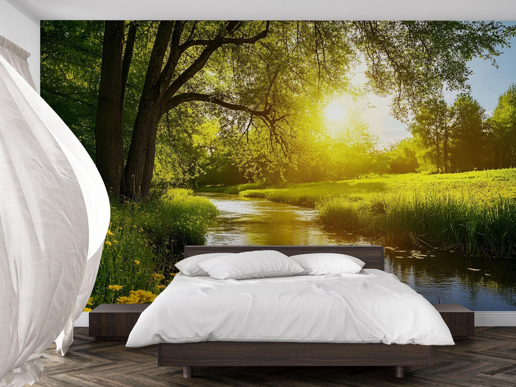 3D Sunlit River Wallpaper Mural For Bedroom Or Living Room | Golden Hour Nature Wall Art With Flowers | Stylish Landscape Decor Gift