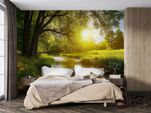 Load image into Gallery viewer, 3D Sunlit River Wallpaper Mural For Bedroom Or Living Room | Golden Hour Nature Wall Art With Flowers | Stylish Landscape Decor Gift