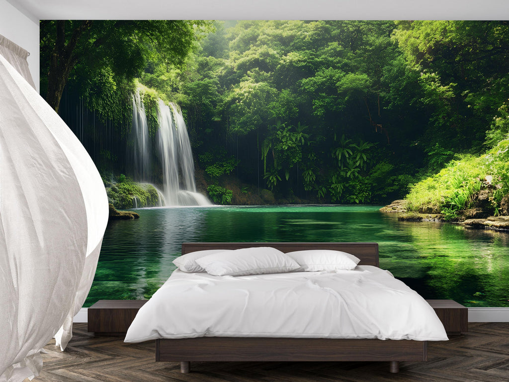 3D Tropical Waterfall Wallpaper Mural For Bedroom Or Living Room | Lush Jungle Wall Art With Greenery | Stylish Nature Decor Gift