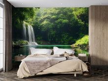Load image into Gallery viewer, 3D Tropical Waterfall Wallpaper Mural For Bedroom Or Living Room | Lush Jungle Wall Art With Greenery | Stylish Nature Decor Gift