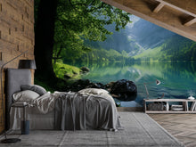 Load image into Gallery viewer, 3D Lake View Wallpaper Mural With Mountain Landscape | Serene Nature Wall Art For Bedroom Or Cabin | Peaceful Green Forest Stylish