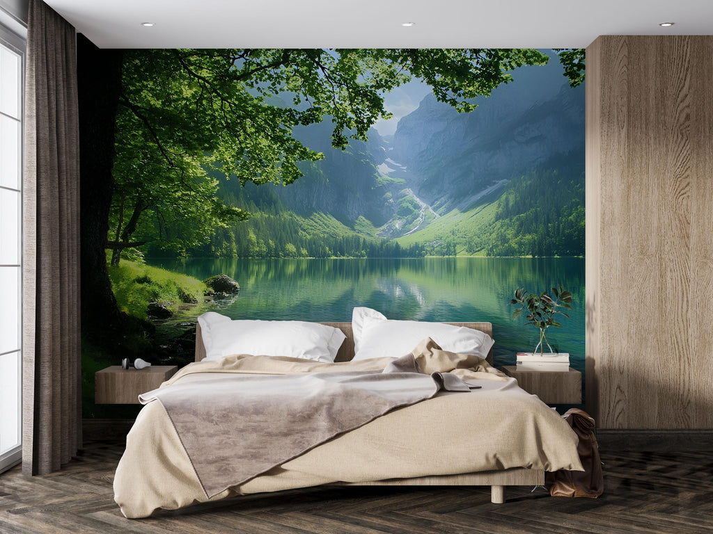 3D Lake View Wallpaper Mural With Mountain Landscape | Serene Nature Wall Art For Bedroom Or Cabin | Peaceful Green Forest Stylish