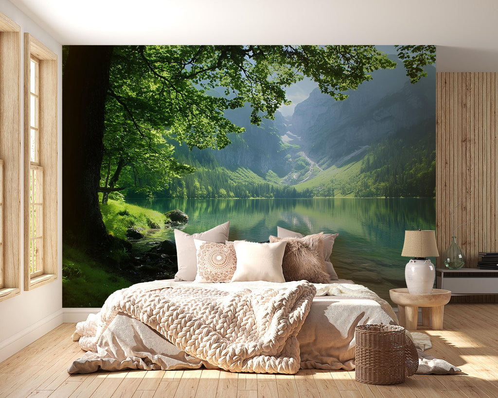 3D Lake View Wallpaper Mural With Mountain Landscape | Serene Nature Wall Art For Bedroom Or Cabin | Peaceful Green Forest Stylish