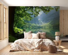 Load image into Gallery viewer, 3D Lake View Wallpaper Mural With Mountain Landscape | Serene Nature Wall Art For Bedroom Or Cabin | Peaceful Green Forest Stylish