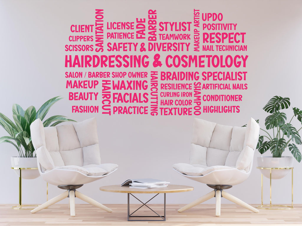 Hairdressing Cosmetology Salon Word Cloud Wall Decal – Stylish Beauty & Hairdressing Decor for Salons, Barbershops, and Home Studios 789RS