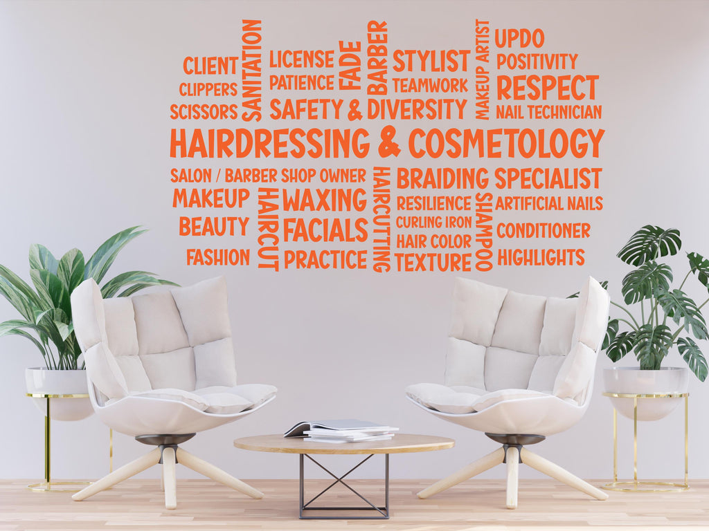 Hairdressing Cosmetology Salon Word Cloud Wall Decal – Stylish Beauty & Hairdressing Decor for Salons, Barbershops, and Home Studios 789RS