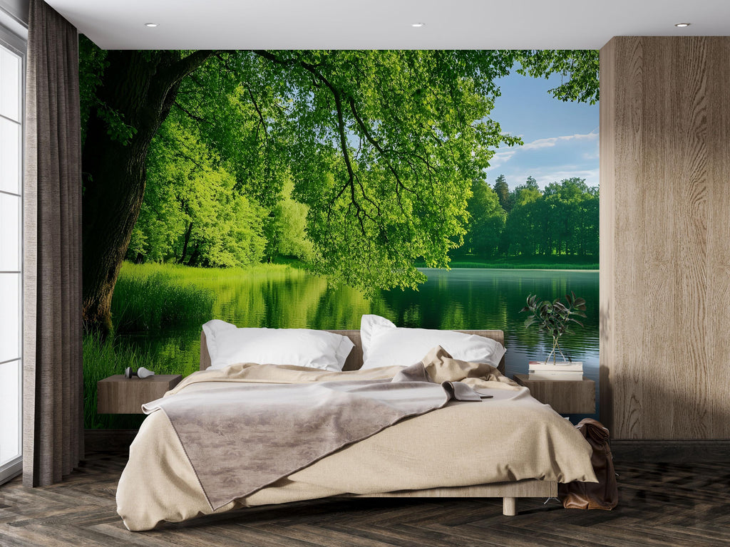 Lush Forest Lake Wallpaper Mural With 3D Realistic Trees And Water Reflection | Tranquil Green Nature Wall Art For Bedroom Or Spa