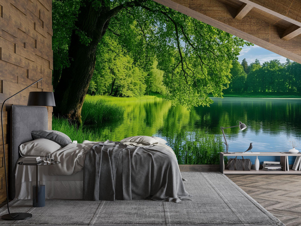 Lush Forest Lake Wallpaper Mural With 3D Realistic Trees And Water Reflection | Tranquil Green Nature Wall Art For Bedroom Or Spa