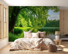Load image into Gallery viewer, Lush Forest Lake Wallpaper Mural With 3D Realistic Trees And Water Reflection | Tranquil Green Nature Wall Art For Bedroom Or Spa