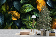 Load image into Gallery viewer, Tropical Leaf Wallpaper Mural – Jungle Botanical Wall Art, Large Green Yellow Leaves Removable Wallpaper, Modern Nature Vn207