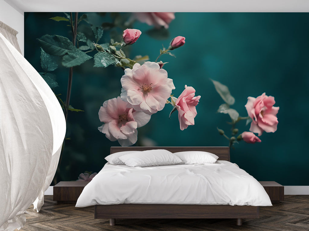 Romantic Pink Rose Wall Mural for Bedroom – Floral Nature Wallpaper Art – Large Botanical Accent Wall Decor Vn211