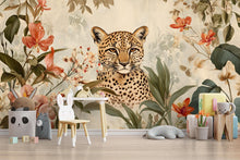 Load image into Gallery viewer, Leopard Jungle Mural Nursery Wallpaper - Safari Animal Wall Art - Botanical Baby Room Decor Vn212