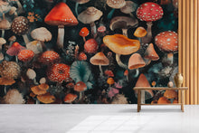 Load image into Gallery viewer, Whimsical Mushroom Forest Wall Mural - Fantasy Botanical Wallpaper for Boho Home Décor, Dark Cottagecore Wall Art Vn215