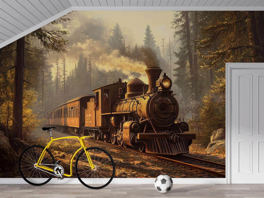 Vintage Train Wall Mural for Kids Room – Rustic Steam Engine Forest Wallpaper – Boys Bedroom Railroad Decor Vn222