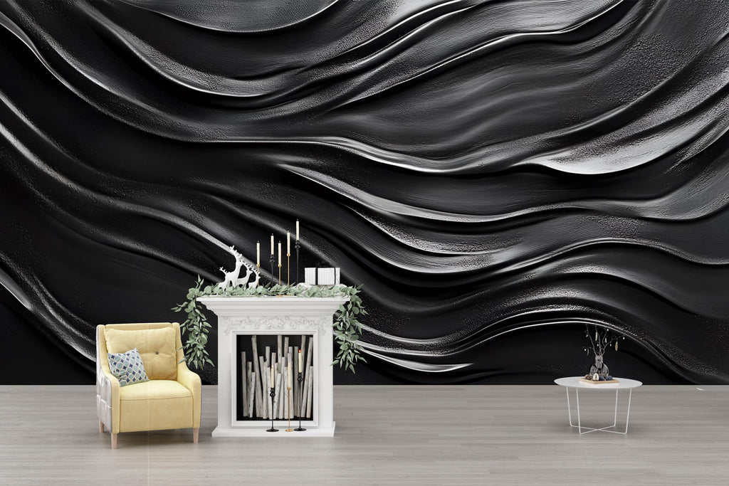 Modern Black Wave Wall Mural – 3D Textured Abstract Wallpaper, Bold Dark Wall Art for Living Room, Bedroom, Office Decor Vn235