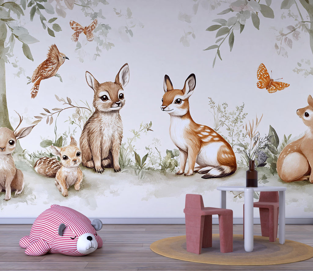Woodland Animal Nursery Wall Mural – Forest Theme Peel and Stick Wallpaper – Baby Deer Bunny Squirrel Wall Art for Kids Room Vn247