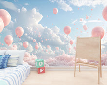 Load image into Gallery viewer, Pink Balloon Cloud Nursery Wall Mural – Dreamy Sky Baby Room Wallpaper Vn256