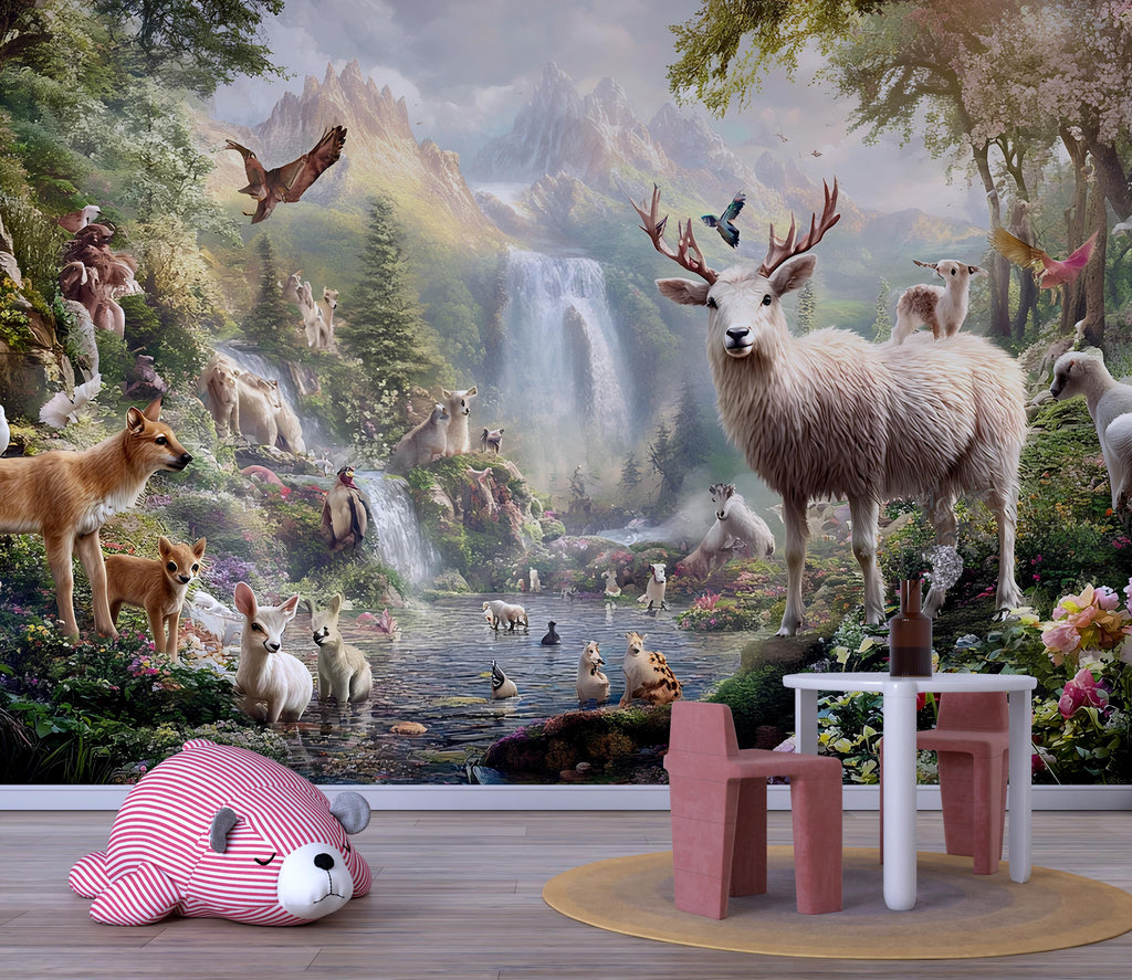 Whimsical Animal Forest Mural - Woodland Waterfall Nature Scene - Nursery Wall Art - Deer, Fox, Bird Fantasy Wallpaper Print Vn293
