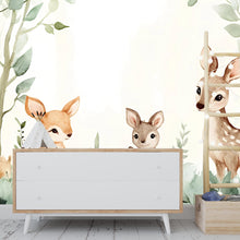 Load image into Gallery viewer, Woodland Animal Nursery Wall Mural – Deer &amp; Bunny Forest Wallpaper – Baby Room Decor – Removable Kids Wall Art Vn 296