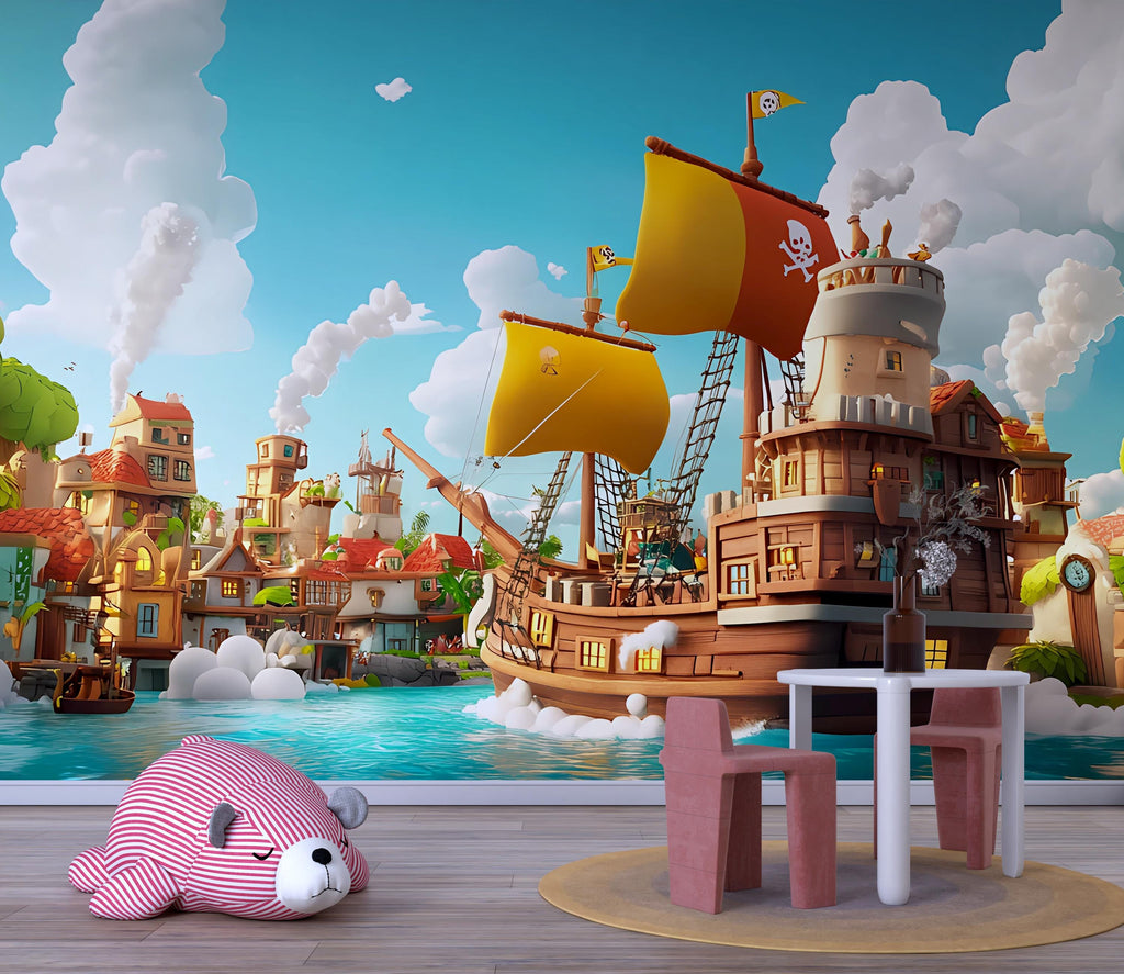 Pirate Ship Nursery Wall Mural, Ocean Adventure Wallpaper, Kids Pirate Room Decor Vn 304