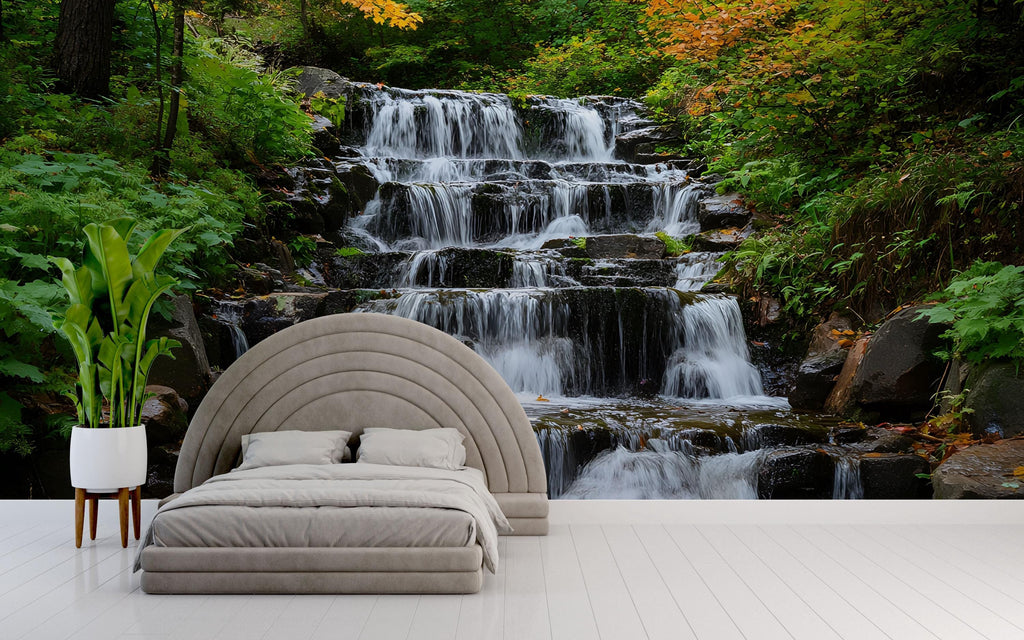 Tiered Waterfall Wallpaper Mural With Flowing Stream In Lush Forest | Realistic 3D Nature Wall Art For Bedroom Or Spa | Stylish Scenic Decor